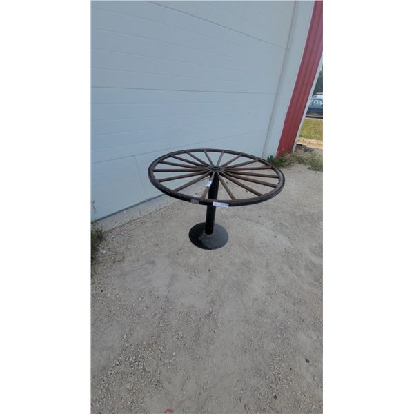 Rustic Western Wagon Wheel Pedestal Table with Black Metal Base 30” hgt.and 42” diameter