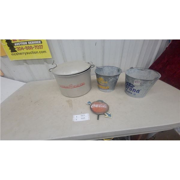 Vintage General Electric Enamel Wringer Washer Tub, Corona Extra Pails and Coca-Cola Sign