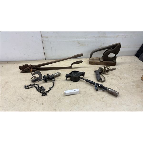 Vintage Hand Tools: tire Vulcanizer, Minute tire Patch Clamp, Angular Boring Brace