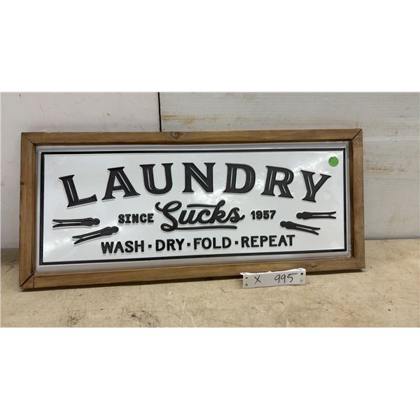 Framed "Laundry Sucks Since 1957 Wash Dry Fold Repeat" Decorative Wood and Metal Sign, 10 × 23”