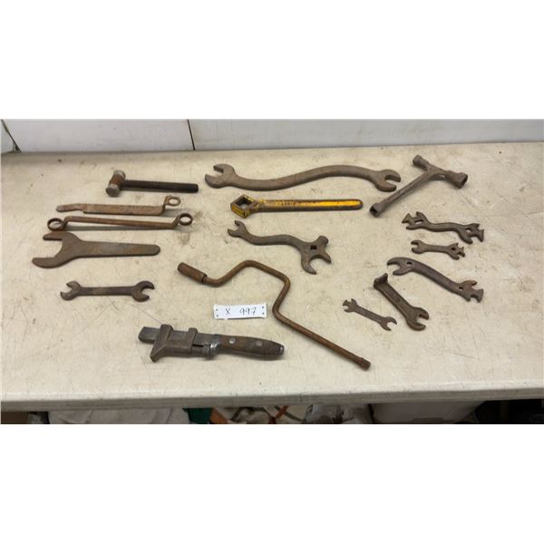 Assortment of Antique Tractor Wrenches Including Crane Square-Socket Valve Wrench, Pipe Wrench
