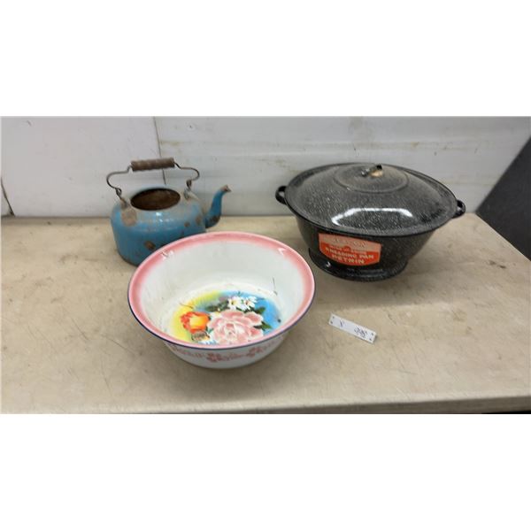 Vintage Enamelware / Graniteware Beacon Rise and Shine Kneading Pan, Floral Bowl, and Blue Kettle
