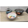 Image 1 : Vintage Enamelware / Graniteware Beacon Rise and Shine Kneading Pan, Floral Bowl, and Blue Kettle