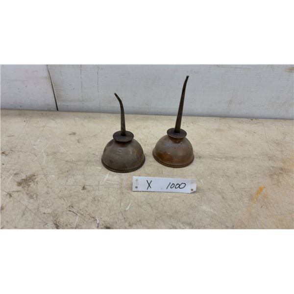 Two Vintage Copper Oiler Cans, One Marked “E” and One Marked “Beatty”