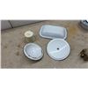 Image 12 : Assorted Enamelware: Orange Pot, Colander, 2 Containers with lids, Bowls Pans
