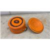 Image 16 : Assorted Enamelware: Orange Pot, Colander, 2 Containers with lids, Bowls Pans