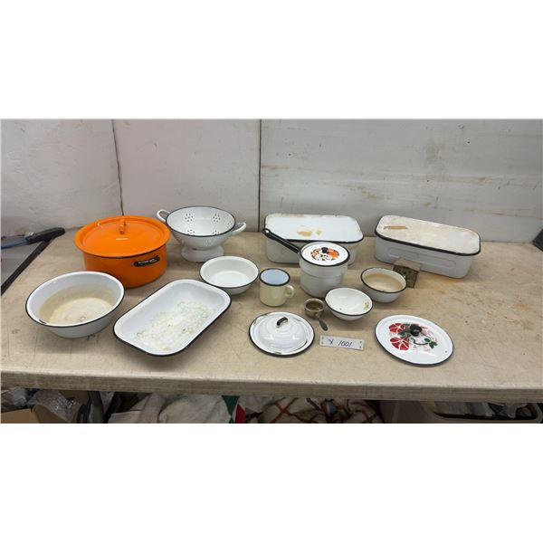 Assorted Enamelware: Orange Pot, Colander, 2 Containers with lids, Bowls Pans
