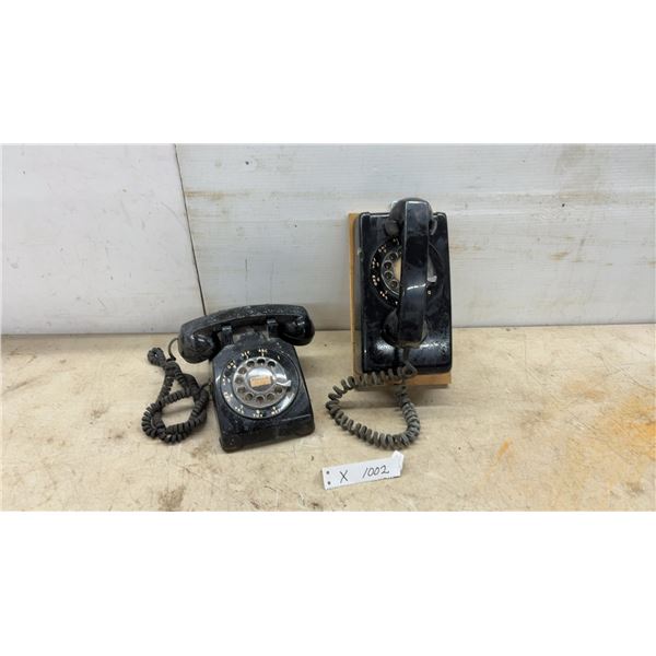 Two Black Rotary Dial Telephones, One Wall Mount and One Desk Set