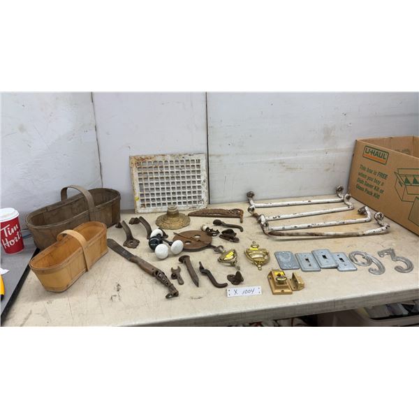 Vintage Lot: 4 Cast Iron Towel Bars, Register Grate, and Brass Door Knockers