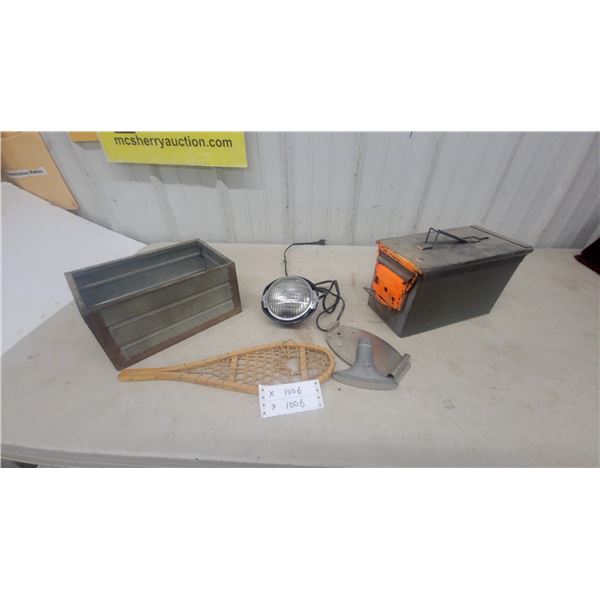 Wooden Snowshoe, Galvanized Metal Bin, Auxiliary Light, Fluting Iron, and Metal Box