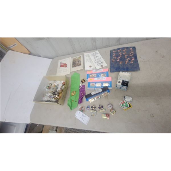 Assorted Lapel Pins, Badges, Canadian Maple Leaf Pins, Canada Post Stamp Packets