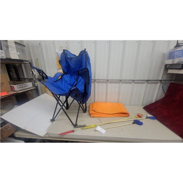 Blue Foldable Camp Chair, Orange Polyethylene Tarp, lane markers