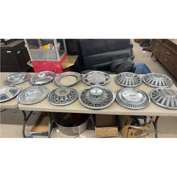 Assorted Hubcaps: Oldsmobile, Chevrolet, and Other Brands, 12 Pieces