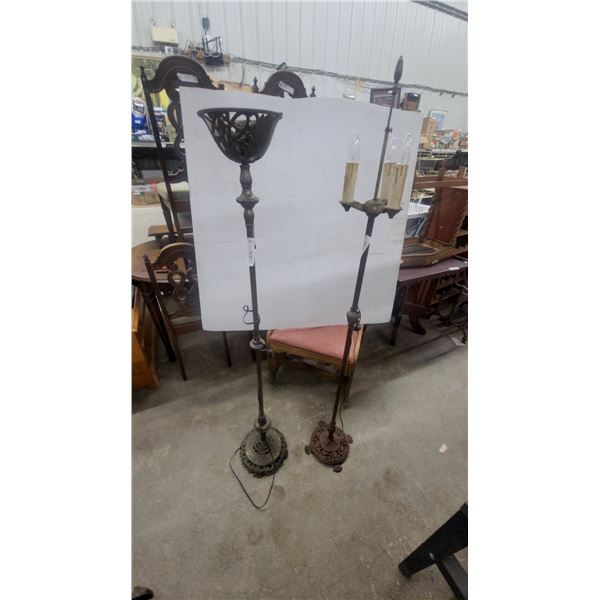 Pair of Antique Cast Metal Floor Lamps, Torchiere and Three-Light Candelabra Styles