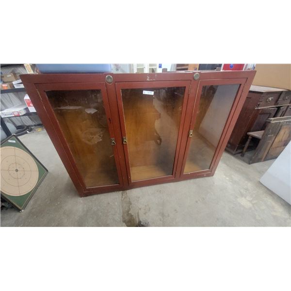 Vintage Reddish-Brown Wooden Three-Tier Glass Door Display Cabinet