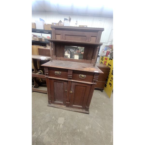 Antique Victorian Wooden Sideboard Buffet with Mirrored Hutch, Two Drawers, and Two Cabinet Doors