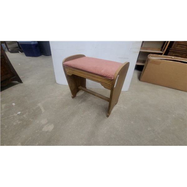 Vintage Art Deco Curved Wood Vanity Bench with Pink Upholstered Seat