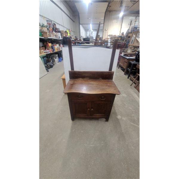 Antique Wooden Washstand with Two-Door Cabinet, Backsplash, and Towel Bar