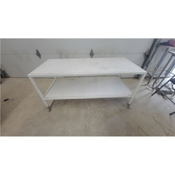 White Two-Tier Industrial Table with Metal Frame and Casters