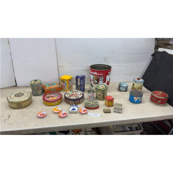 Assorted Vintage Tins: Campbell's Soups, Queen's Danish Butter Cookies, Sharp's Original Cream