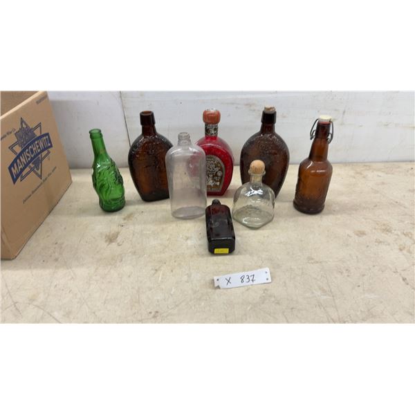 Assorted Bottles: 2 Brown Embossed Flasks, Red Tequila and Green Soda Bottles