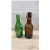 Image 4 : Assorted Bottles: 2 Brown Embossed Flasks, Red Tequila and Green Soda Bottles