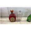 Image 6 : Assorted Bottles: 2 Brown Embossed Flasks, Red Tequila and Green Soda Bottles