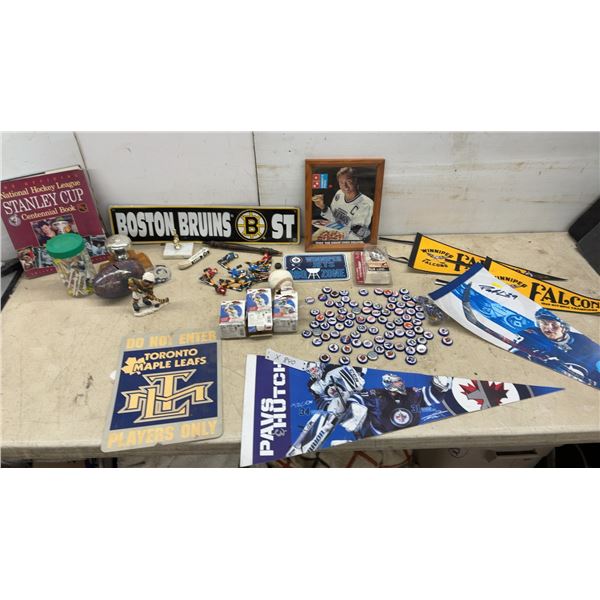 Hockey Memorabilia Lot: Stanley Cup Book, Boston Bruins Sign, Gretzky and Bottle Cap With Hockey