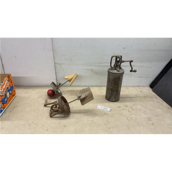 Antique Hand-Cranked Cylindrical Metal Butter Churn With Geared Cast-Iron Crank Mechanism