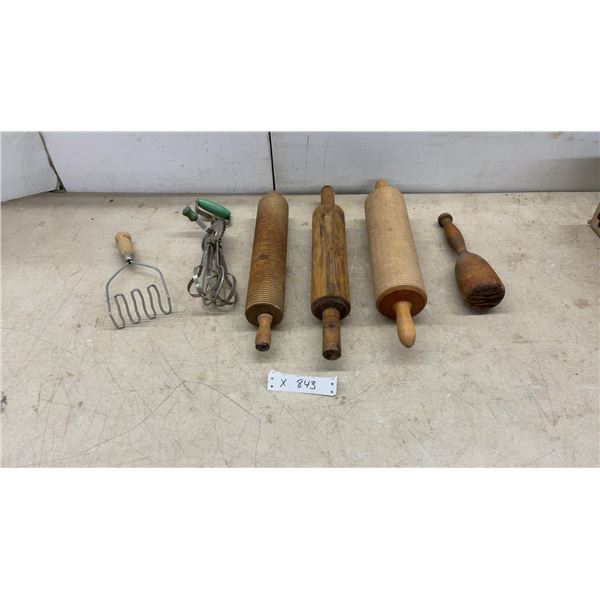 Vintage Kitchen Lot: Dazey Rotary Egg Beater, Potato Masher, Rolling Pins