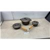 Image 1 : Cast Iron Cookware: 4 Qt. Dutch Oven, 8” Skillet, Saucepan, and 3 Lids