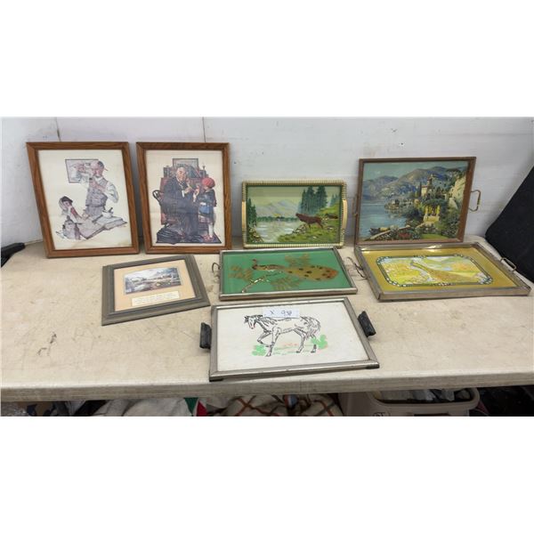 2 Norman Rockwell Pictures, 15 × 12” Framed Art, and 5 Vintage Serving Trays