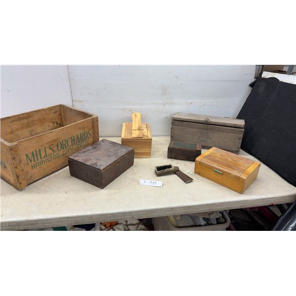 Vintage Wooden Boxes and Shoe Shine Kit with Brush, Mirror, and Mills Orchards Crate