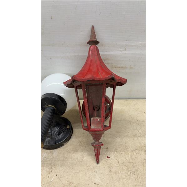 Vintage Red Cast Metal Pagoda-Style Wall Lantern and 2 Black Sconces
