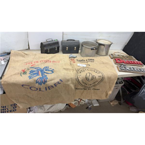 Two Coffee Bean Sacks, Two Metal Lunch Boxes, and Two Aluminum Buckets