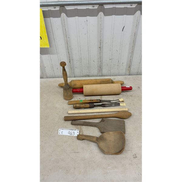 Vintage Wooden Kitchen Tools Including Rolling Pins, Mallet, Paddles, Scoop, Chisel