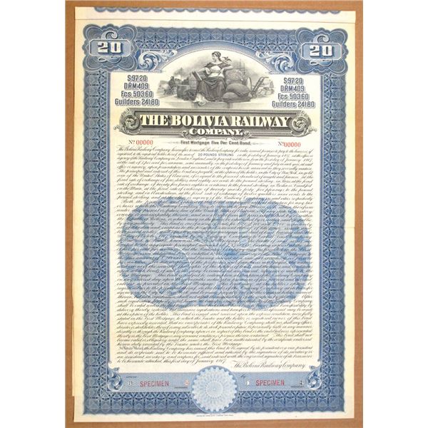 Bolivia Railway Co., 1907 Specimen Gold Coupon Bond Rarity