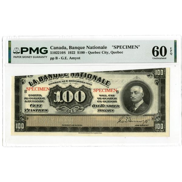Canada. Banque Nationale, 1922, $100 Specimen Banknote.
