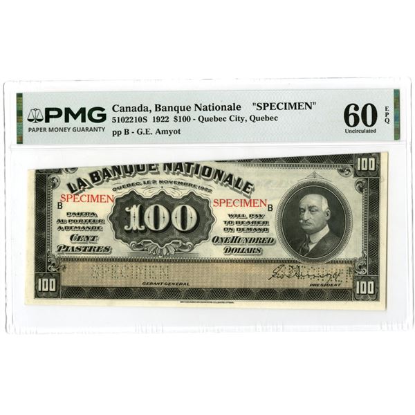 Canada. Banque Nationale, 1922, $100 Specimen Banknote.