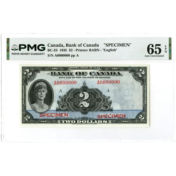 Canada. Bank of Canada, 1935, $2 "English Text" Specimen Banknote