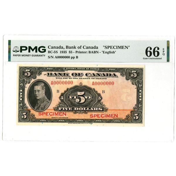 Canada. Bank of Canada, 1935, $5 "English Text" Specimen Banknote