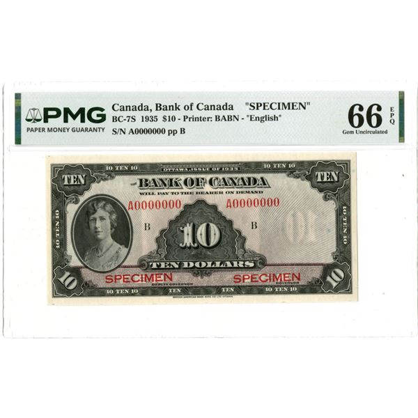 Canada. Bank of Canada, 1935, $10 "English Text" Specimen Banknote