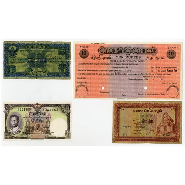 Ceylon, Cambodia, Thailand. Assortment of Issued Banknotes and Specimen Saving Certificate, 1925 to 