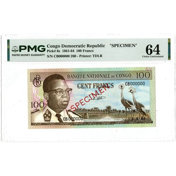 Congo DR. Banque Nationale du Congo, 1964, Specimen Banknote.
