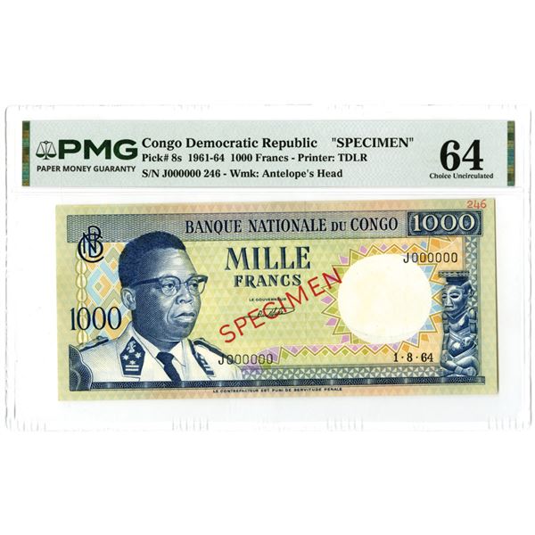 Congo DR. Banque Nationale du Congo, 1964, Specimen Banknote.