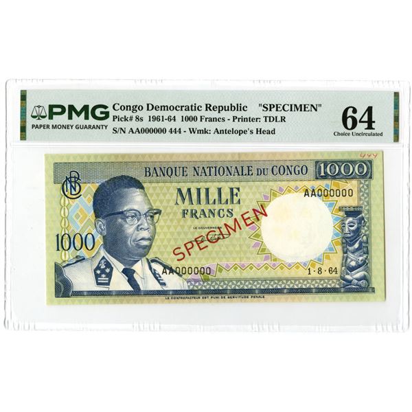 Congo Democratic Republic. Banque Nationale du Congo, 1964, Specimen Banknote.