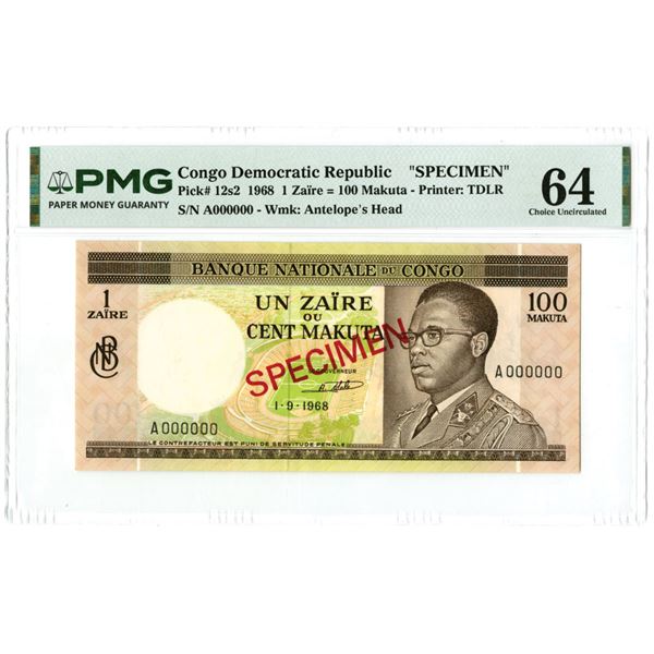 Congo DR. Banque Nationale du Congo, 1968, Specimen Banknote.
