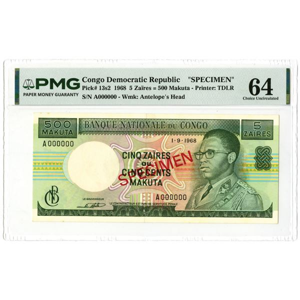 Congo DR. Banque Nationale du Congo, 1968, Specimen Banknote.