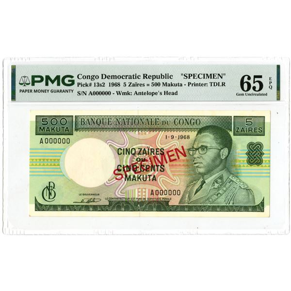 Congo Democratic Republic. Banque Nationale du Congo, 1968, Specimen Banknote.