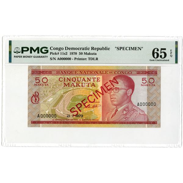 Congo Democratic Republic. Banque Nationale du Congo, 1970, Specimen Banknote.